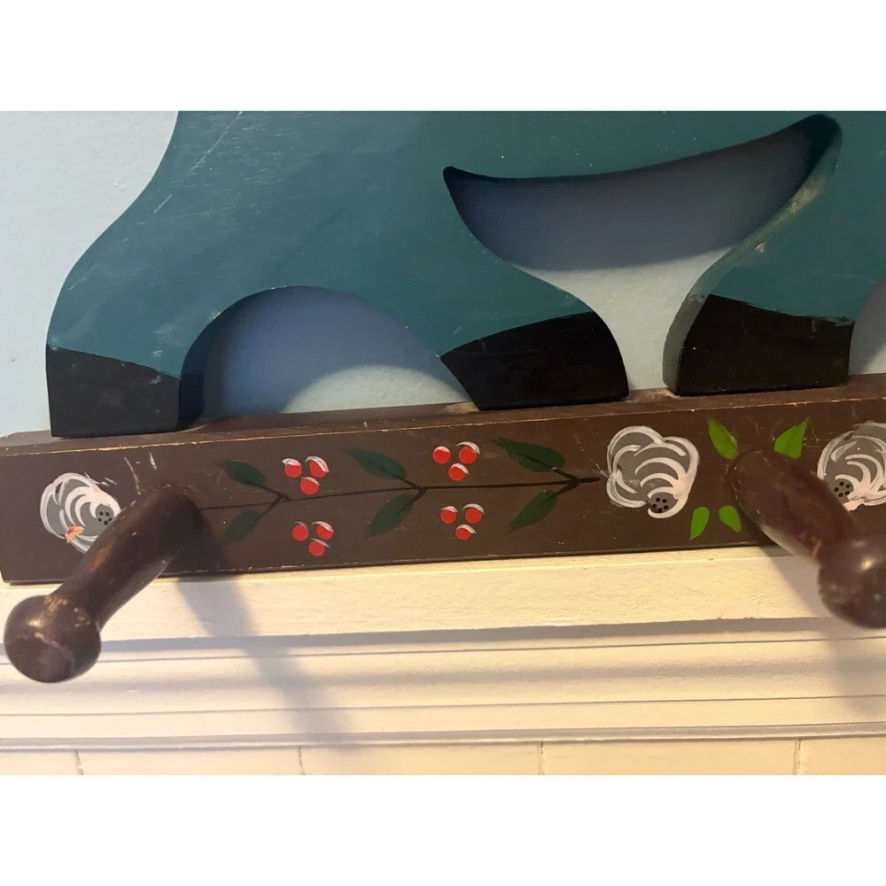 Vintage Folk Art Wood Wall Peg Rack Blue Horse Farm Scene Hand Painted 3 Peg
